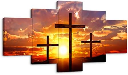 VIIVEI Christian Sunset Crosses Cross Wall Art Christ Poster Canvas Prints Art Home Decor for Living Room Modern Pictures 5 Panel Large HD Printed Painting Artwork Framed Ready to Hang (60" Wx32 H)