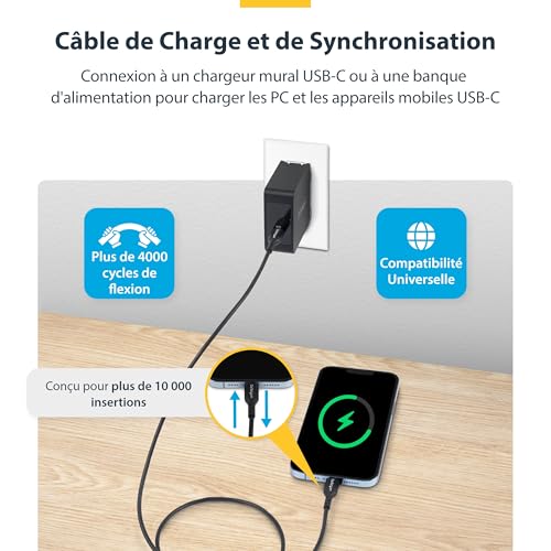 StarTech.com Câble de Charge USB C de 3m Charge et Synchronisation PD Câble de Charge USB 2.0 pour Ordinateur Portable Gaine TPE Cordon - vue 3