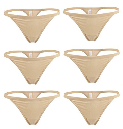 YOYI FASHION Women Cotton Low Rise Soft Breathable T-Back G-String Thong Panties Multi Packs (XS/S, Beige-6 Packs)