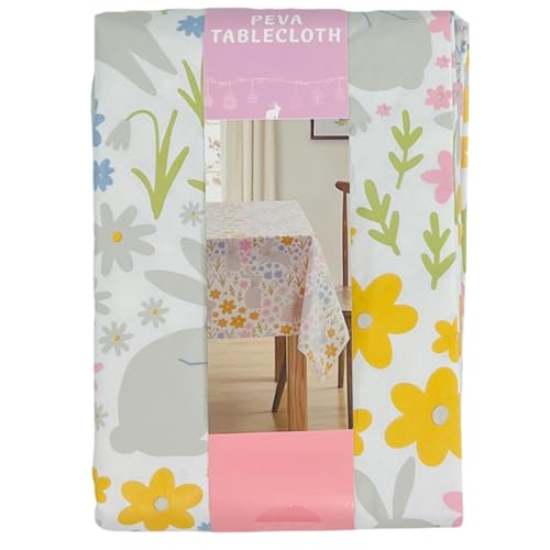Spring Easter Vinyl Flannel Backed Tablecloth for Dining Room Kitchen Table Decor: Happy Bunny Rabbit Bunnies Floral Design Pink Blue Green Yellow White-Easter Rabbit 60" x 102" by Serafina Home - Used condition - Image 7