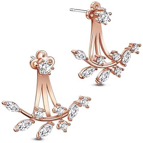 Elensan Rose Gold Leaf Earrings with Cz Crystal Ear Jacket Front Back Stud Earring Silver Post Hypoallergenic Jewelry Birthday Gift for Women Cover