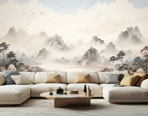 Landscape À L'Encre De Chine Arbres Architecture Oiseaux En Vol Papier Peint 3D Installation Facile Intissé Tapisserie Bureau Salon Canapé Chambre Décoration Murale-150cm×105cm