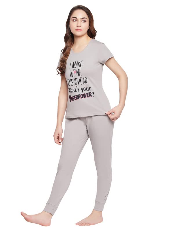 Image of Clovia Women's Cotton Text & Graphic Print Relaxed Top & Solid Jogger Pyjama Set