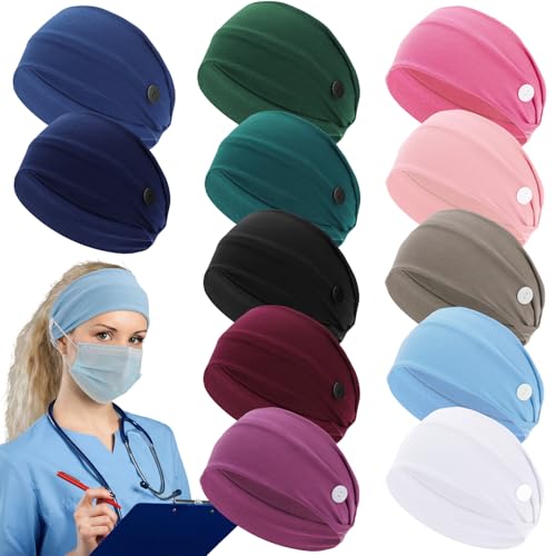 JATEBI 12 Pcs Nurse Headbands for Women - Non Slip Nursing Headbands with Buttons Wide Elastic Ear Protection Hair Bands Sweatband Head Wrap Gift for Nicu Obstetrics Nurse Doctor(Solid)
