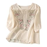 Generisch Stickerei Bluse Damen Musselin Shirt Rundhals Mit Knopfleiste Folklore Bluse Blumenmuster Elegante Baumwolle Leinenbluse 3/4 Arm Lässig Sommer Oberteil Leicht Und Luftig Alltagsbluse