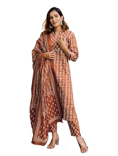 MIRCHI FASHION Pure Cotton Women Straight Embellished Print Kurti Set with Dupatta and Pant (K10049 - Rust, White - 3XL)