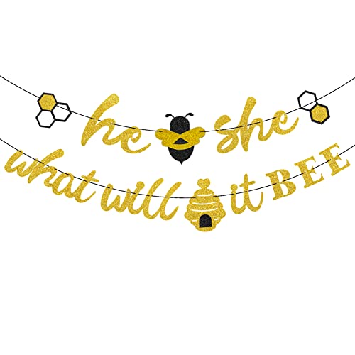 He or She What Will It Bee Banner Gender Reveal Garland with Bee and Beehive Baby Shower Glitter Party Favor Supplies Decorations