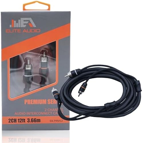 Elite Audio Premium Series 12ft. 2-Channel Car Audio RCA Cable – Double Shielded, Oxygen Free Copper, Noise Reducing Audio Cable for Amplifiers, Subwoofers, Speakers, and Processors – PRM12