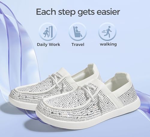 Image of BELOS Women's Rhinestone Lace Up Loafers Shoes Comfortable Slip On Mesh Knit Walking Shoes Fashion Lightweight Sparkly Glitter Sneaker