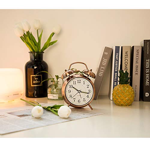 Pipapoint [Loud Sound For Deep Sleepers] 4'' Twin Bell Alarm Clock With Backlight, Battery Operated, Loud Alarm By Retro Style (Red Brown) #TOP3