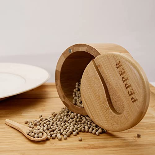 Yixivalley 2Pcs Bamboo Salt And Pepper Bowls, Cellar With Magnetic Swivel Lid, Containers Serving Spoons, Box Engraved For Salt, Pepper, Spice, Sugar, Brown #TOP1