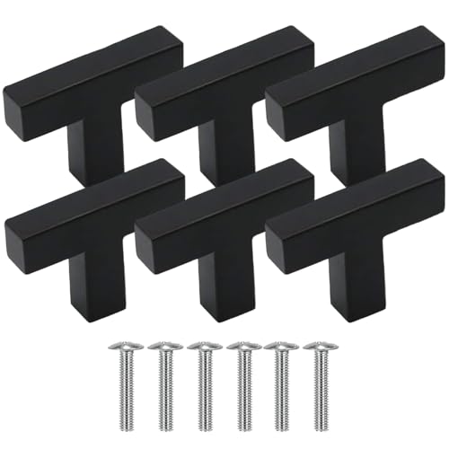HNJKJEU 6 Pieces Poignée Meuble Acier Inoxydable, Bouton de Porte en T, Poignée Meuble 1 Trou Boutons de Tiroirs Noir Boutons Carrés avec Vis pour Tiroirs Armoires Placard Commode