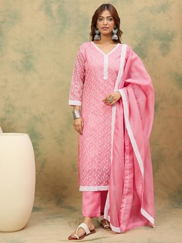 Image of Varanga Women -Thread & Sequin Embroidered Yoke Kurta With Trouser & Scallop Dupatta
