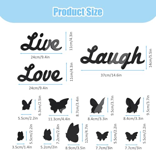 WATUNID Love Live Laugh Wall Stickers, 3D Mirror Wall Decor, Black Butterfly Mirror Stickers for Walls, DIY Mirror Effect Mural Stickers, Removable Motivational Wall Decals for Living Room Bedroom