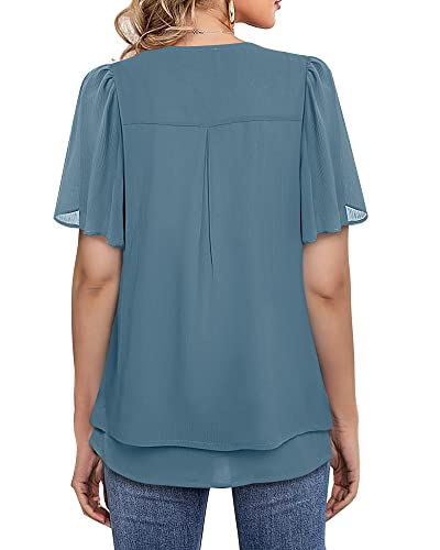 Gaharu Tops Womens Ruffle Short Sleeve Crew Neck Double Layers Chiffon Blouses Loose Fit Flowy Tunic Tops Chiffon Shirts Office Wear Grey Blue,L #TOP4