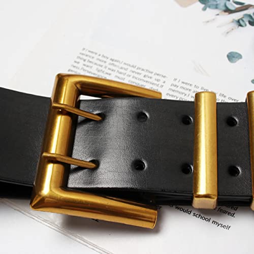 Women Wide Waist Belt Double Grommet With Gold Buckle Thick Leather Belt Cinch Retro Waistband Black,2.2" x 39.7"3