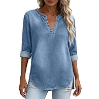 STYLISH DENIM SHIRT FOR WOMEN: Classic denim tunic shirt featuring a flattering V-neck design and short sleeves, perfect for casual everyday wear or dressed up occasions. DETAILS: This 2026 summer casual denim button down shirt womens denim top featu...
