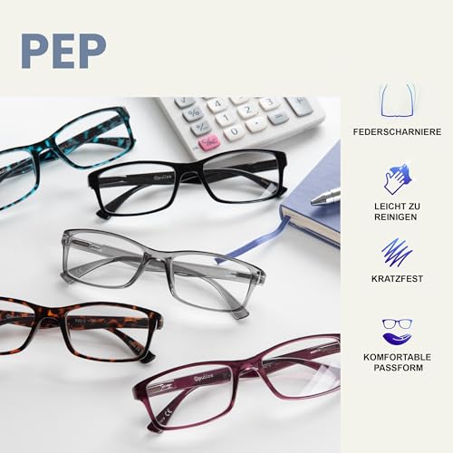 OPULIZE PEP Lesebrille für Damen und Herren - 4er Pack - Große Rechteckige Brille - Komfortable Federscharniere - Kratzfest - Schwarz +1.50 – Ansicht 5