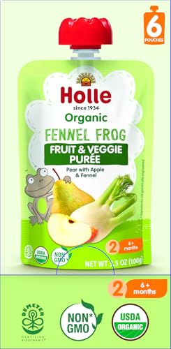Holle Organic Baby Food Pouches - Fennel Frog Baby Puree with Pear, Apple & Fennel - (6 Pack) Organic Baby Snacks + Fruit and Veggie Pouches for Weaning Babies 6 Months and Older