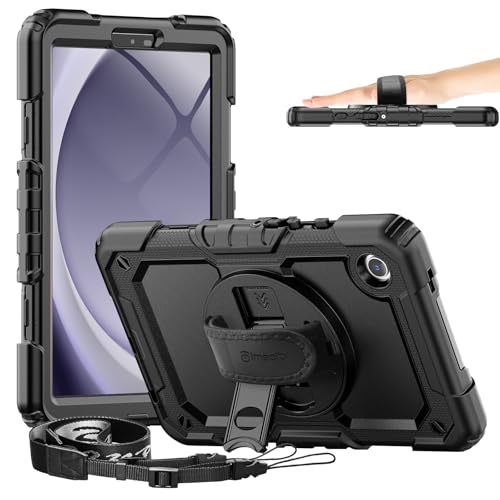 Timecity Case for Samsung Galaxy Tab A9 8.7 Inch 2023 (SM-X110/ X115/ X117 Tablet), Shockproof Case With Screen Protector, 360° Rotating Stand, Hand&Shoulder Strap Cover for Galaxy Tab A9 8.7"-Black