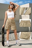 IVIR Kurze Hose Damen Sommer Bermuda Cargo Shorts Hohe Taille Baumwolle mit Elastischem Bund und 6 Taschen Khaki M – Ansicht 4
