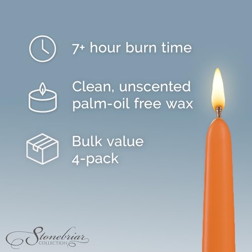 Image of Stonebriar Unscented Taper Candles - 7 Hour Burn Time, Candle Stick Candles for Weddings, Holidays, Home Decor & Special Events, Pack of 4, Orange, 10 inch