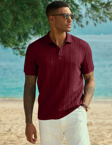 Image of JMIERR Men's Cable Knit Polo Shirts Elasticity Short Sleeve | Men's cable knit polo shirt with elasticity, machine wash, short sleeve, breathable textured knit for spring summer