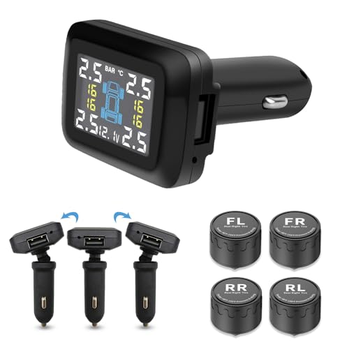 Tirpresmos Tire Pressure Monitoring System, Wireless TPMS Car Charger Powered Adjustable Display Angle Car Voltage Monitoring Real-Time Display for Car RV SUV(0-98PSI)
