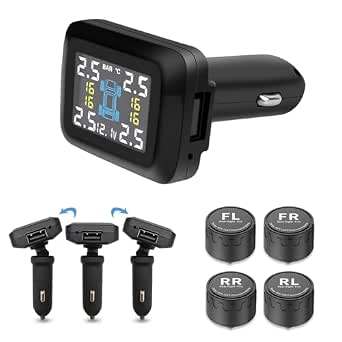Wireless Tire Pressure Monitoring System Car Charger Powered Adjustable Display for Car RV SUV (0-98 PSI)