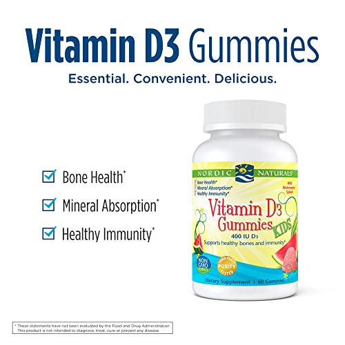 Nordic Naturals Vitamin D3 Gummies Kids, Wild Watermelon Splash - 60 Gummies - 400 Iu Vitamin D3 - Bone Health, Healthy Immunity - Non-Gmo, Vegetarian - 60 Servings #TOP2