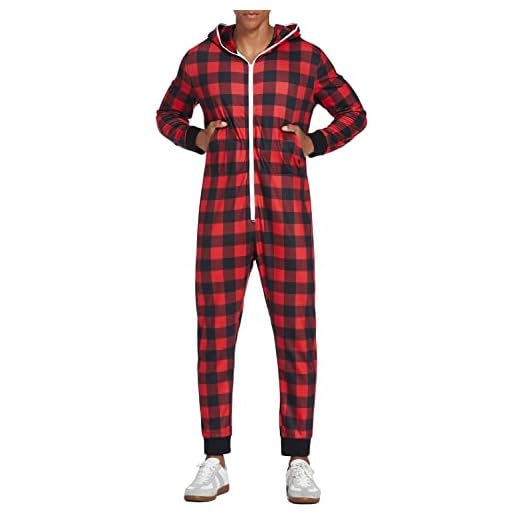COOFANDY Mens polar bear pajamasHooded Christmas Jumpsuit Party Onesie onesie pajamas for family (Red Buffalo Plaid,XXL)