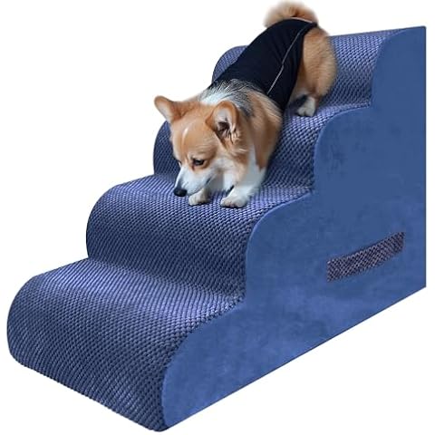 PAWSCART Dog Stairs for Small Dogs, 19.6” H with 30D Material Soft Foam Pet Stairs for Dog, Portable Ramp Non-Slip Stairs for Couch and High Bed Climbing, 4-Step Dog Stairs for Dog or Cat, Blue Cover