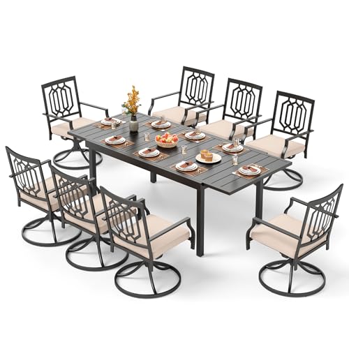 Image of PHI VILLA 9 Pcs Outdoor Dining Set, Expandable Metal Table&8 Swivel Chairs