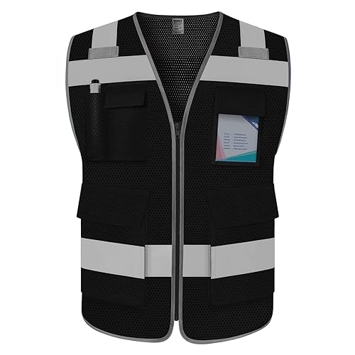 TCCFCCT Mesh Safety Vest - High Visibility, 5 Pockets, Reflective Work Vest for Men & Women; Meets ANSI/ISEA Standards - Black, XL