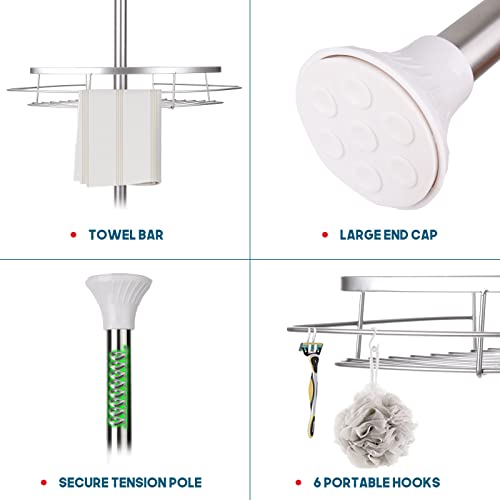 Rosefray Shower Caddy Tension Pole, 304 Stainless Steel Corner Shower Shelf With 4 Big Adjustable Baskets, 6 Hooks, Adjustable Height From 3.7 To 9Ft #TOP5