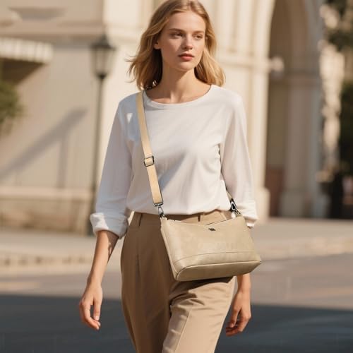 Eslcorri Crossbody Bags for Women, Small Multi-Pocket PU Leather Shoulder Purse Simple Ladies Handbag Sling Hobo Bag Triple Zipper Compartment Pocketbook for Travel & Daily Use - Apricot by Eslcorri - Used condition - Image 7