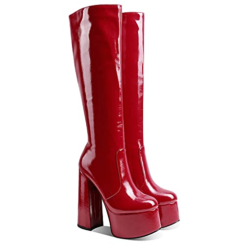 MOOMMO Women High Chunky Heel Knee High Boots Platform Patent