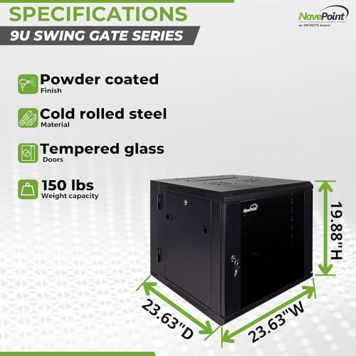 NavePoint 9U Wall-Mount Network Cabinet for 19" IT Equipment, A/V with Glass Door and Removable Side Panels, Locks, 2 Fans, 600mm Depth, Hinged Back - Thumbnail 5