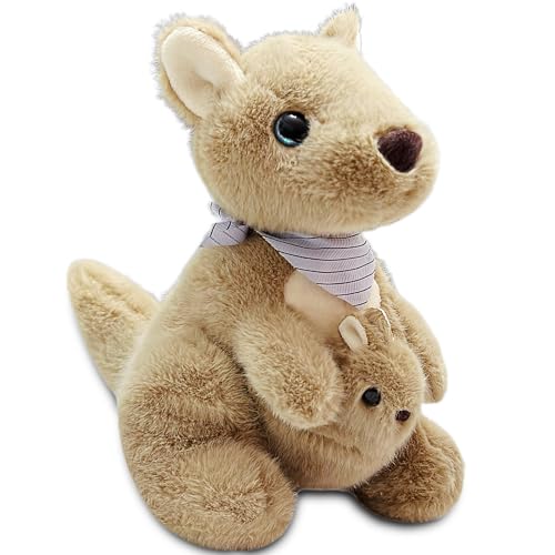 10 inch Kangaroo Stuffed Animal Plush Toys for Kids, Kawaii Kangaroo Baby Stuffed Animals for Easter Basket Stuffers, Children's Day Gifts and Christmas Decorations, Soft Plush Toy (Brown)