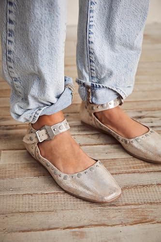 Arqa Womens Buttery Soft Leather Stud Mary Jane Flats Studded Embellishments Decoration Vintage Flats Ankle-Strap Design Buckle Closures Rounded Square Toe Shoes2