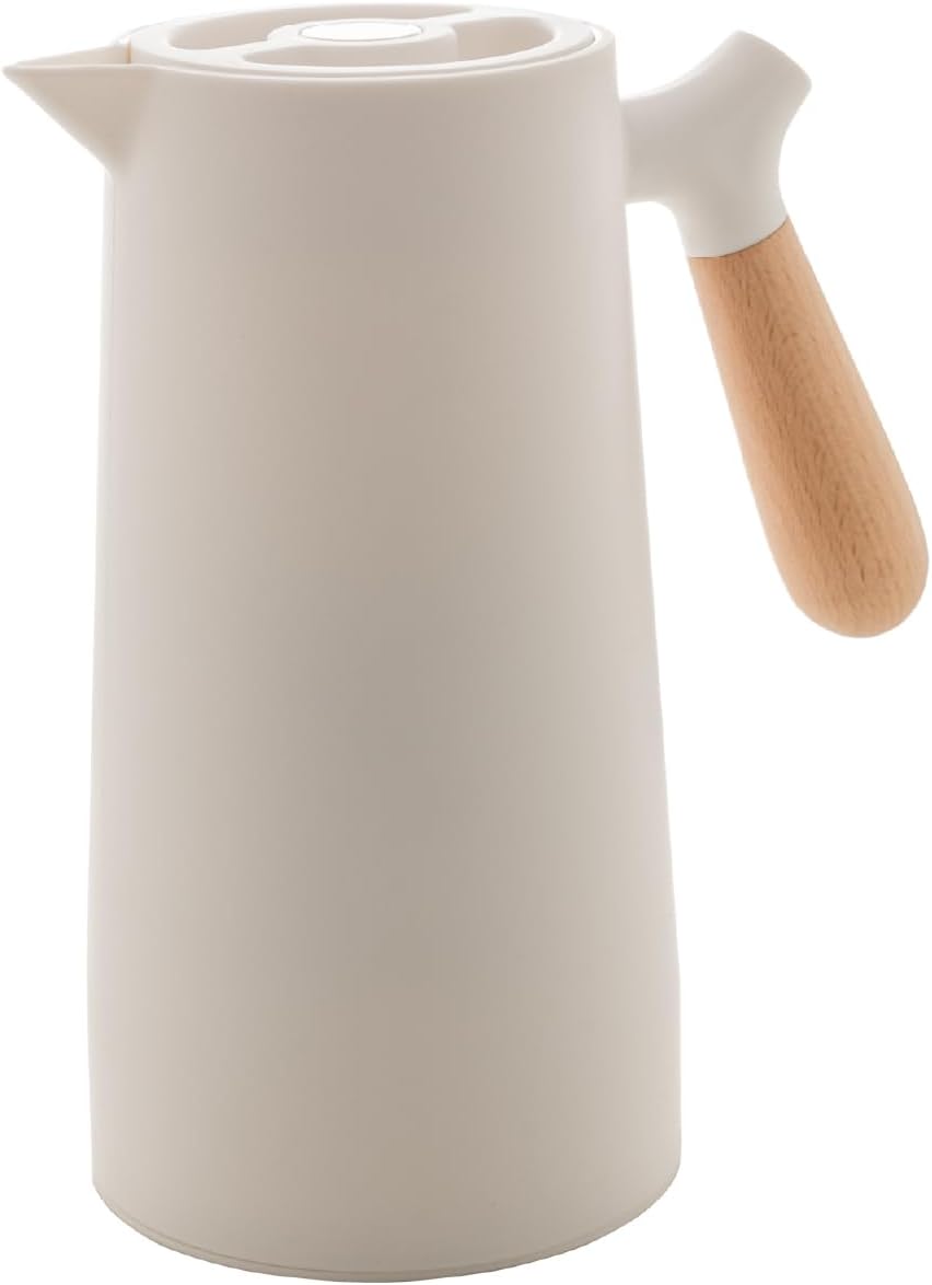 WOLFF - White Thermal Coffee Carafe – 34oz / 1L Insulated Carafe - Food-Safe Plastic Exterior and Glass Liner, Wood-Style Handle – Keeps Drinks Hot or Cold, Leakproof Coffee and Tea Dispenser