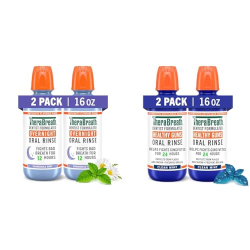 TheraBreath Overnight Mouthwash 2-Pack and Healthy Gums Mouthwash 2-Pack, Chamomile Mint and Clean Mint Flavors, Alcohol Free, Fights Bad Breath and Gingivitis