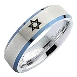 MJ Metals Jewelry White Tungsten Carbide Star of David Blue Plated Edges Wedding Band 6mm COMFORT FIT Ring Size 7.5