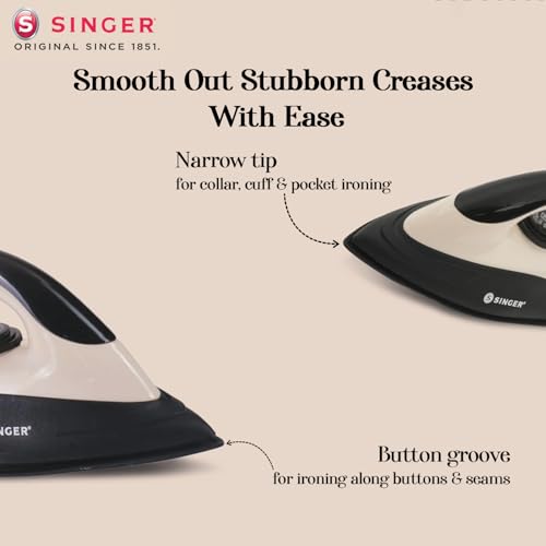 Image of SINGER Auro 1000 Watts Dry Iron | Bigger Sole Plate for Faster Ironing | Uniform Heating with U Shaped Element | Adjustable Temperature Control | 2 Year warranty | Beige-Black