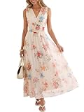 ANRABESS Womens Summer Floral Dress V Neck Sleeveless A Line Wedding Guest Maxi Tulle Dresses Casual Beach Vacation Clothes Multicolored Rose Apricot X-Large