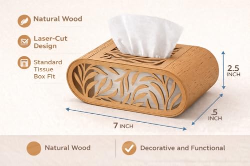 Image of Premium Natural Wooden Tissue Box Holder with Laser-Cut Design - Decorative & Functional Tissue Case for Home, Office & Bathroom (Standard Size Fit, Elegant Finish)