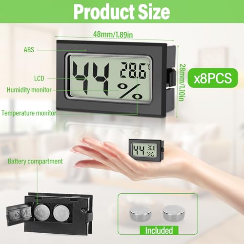 Sprifityy 8 Stück Mini Hygrometer Digital, Hygrometer Mini mit Celsius -50°C~+70°C, Luftfeuchtigkeitsmesser Inklusive Batterien, Moderne Messtechnik, Thermo Hygrometer für Innenräume (Schwarz)