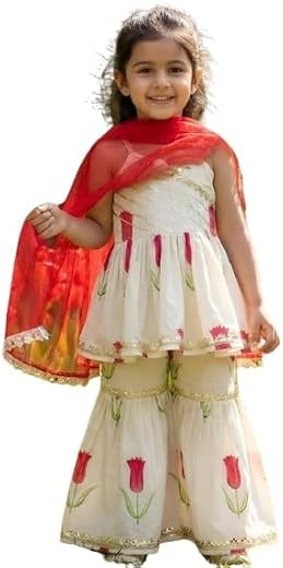 VDKART Kid's Printed Silk Kurta and Sharara with Dupatta Set | Printed Salwar Suit Set for Girls | Ethnic wear traditional...