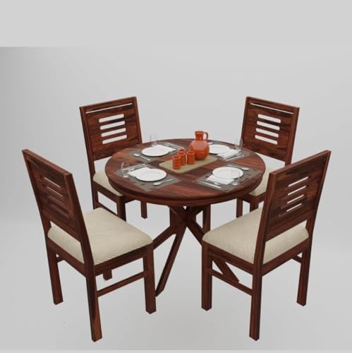 Image of AS Arts Solid Sheesham Wood Dining Table Set of 4 | Round 4 Seater Wooden Dining Set for Home & Dining Room | Solid Wood Dining Table with Cushioned Chairs | Dark Honey Finish