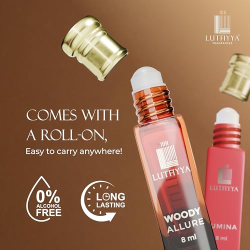 Image of Non-Alcoholic Attar Roll-On Perfume Oil (Pack of 2, 8ml Each) | Woody Allure & Lumina | Long Lasting Woody & Chocolate Fragrance | Unisex Gift Set